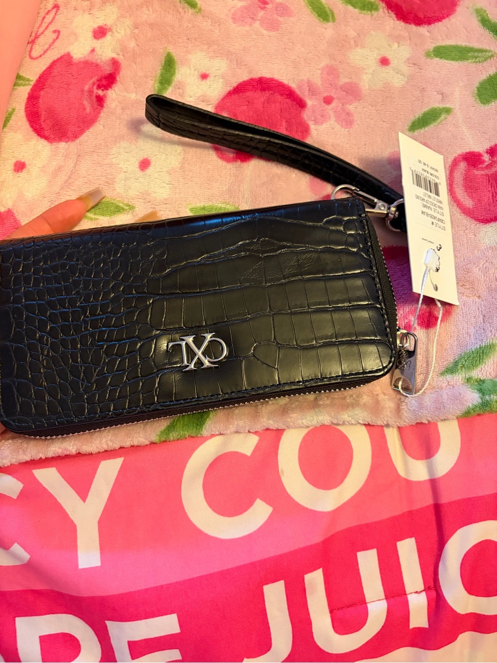Christian Lacroix Black Croc-Embossed Wristlet Phone Case with Silver Logo